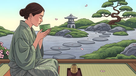 A woman in a kimono meditates by a Japanese garden pond with stepping stones. Clear details and v...の写真素材