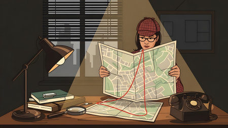 Woman in detective hat studies a city map with a red route under a desk lamp. Clear details and v...