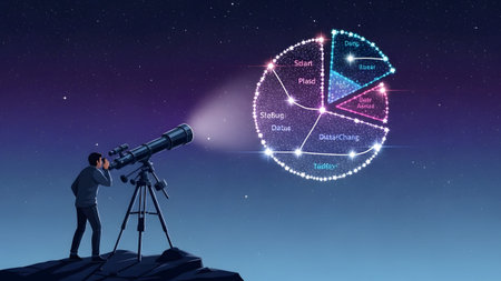 Man with telescope observes a pie chart made of stars in the night sky. Clear details and vibrant...