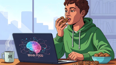 A person eats walnuts while viewing a brain graphic labeled Brain Food on a laptop.