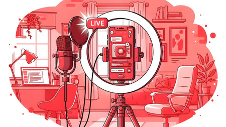 A ring light illuminates a smartphone on a tripod, with a microphone and laptop in a room setup.の写真素材