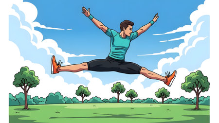 Man in athletic wear performing a split jump in a grassy park with trees and clouds.の写真素材