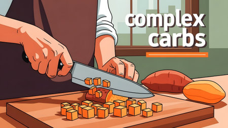 Hands slice sweet potato into cubes on a cutting board with text complex carbs. Clear details and...の写真素材