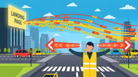 A traffic controller directs digital marketing traffic towards a landing page in a stylized city.