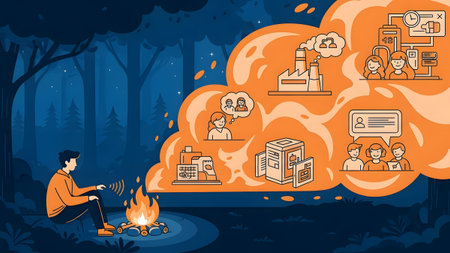 A man by a campfire visualizes business concepts and teamwork in a large thought bubble.の写真素材