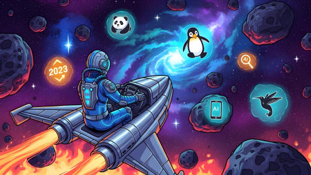 Astronaut in a blue suit flies a spaceship through a vibrant nebula.