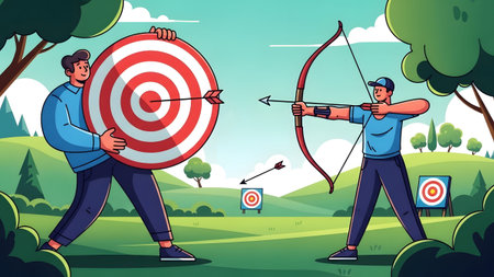 Two men practice archery in a grassy field with trees, one holding a large target. Clear details ...