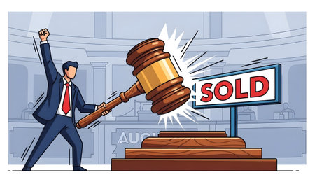 A triumphant businessman slams a gavel, with a sign displaying the word SOLD illuminated behind him.