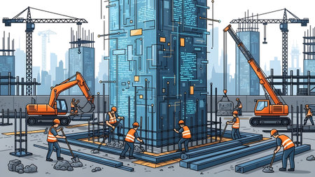 Workers and machinery construct a digital circuit patterned skyscraper in a city Clear details an...