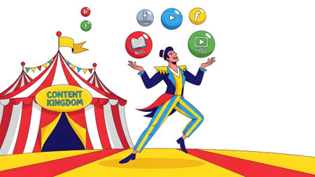 Juggles showing circus performer juggling social media and content creation icons keywords:...