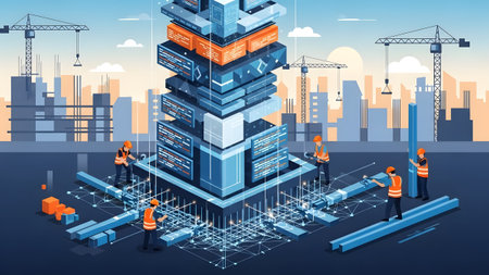 Workers and cranes build a data center structure against a city skyline Clear details and vibrant...の写真素材