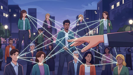Diverse people are connected by glowing lines in a city at night. Clear details and vibrant color...
