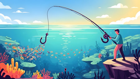 A man fishes in a colorful underwater scene with coral reefs. Clear details and...