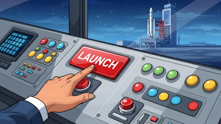 A finger presses a red LAUNCH button on a control panel with a rocket in the background.