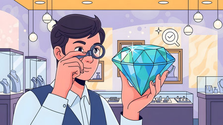 A jeweler examines a large, sparkling diamond with a magnifying glass in a jewelry store.