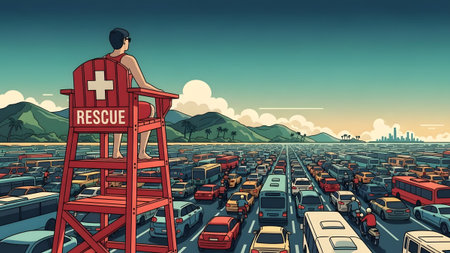 Lifeguard on a tall chair watches a massive traffic jam stretching to the horizon. Clear details ...