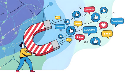 Man with horseshoe magnet attracting social media icons and speech bubbles with likes and comments.