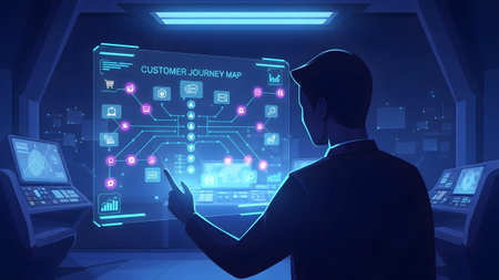 Man points at a customer journey map on a glowing futuristic digital screen. Clear details and vi...