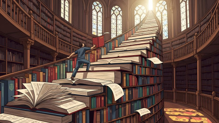 Man climbs a staircase made of books within a grand library with arched windows. Clear details an...