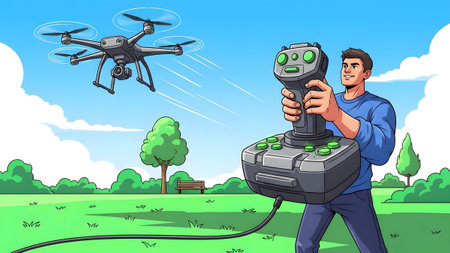 A man holds a large remote control, operating a drone flying in a sunny park with trees and clouds.