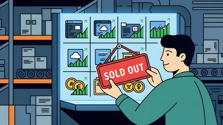 With showing man hangs sold out sign in warehouse with data screens. High resolution image...