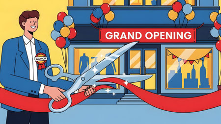 Man cutting a red ribbon with large scissors at a store's grand opening. Clear details and vibran...