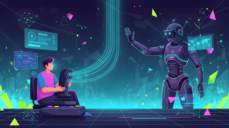 Man plays video game with joystick interacting with a robot in futuristic setting Clear details a...