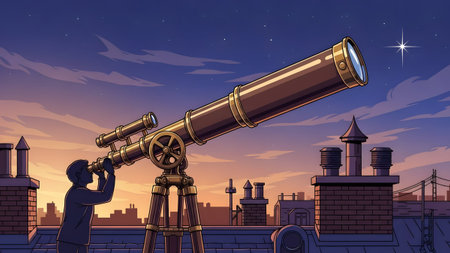 Person with telescope on rooftop gazes at starry night sky over city skyline Clear details and vi...の写真素材