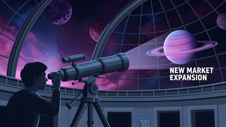 A man peers through a telescope at a ringed planet and colorful nebula in outer space.
