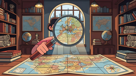 Person studies Europe map through magnifying glass in a library with books. Clear details and vib...