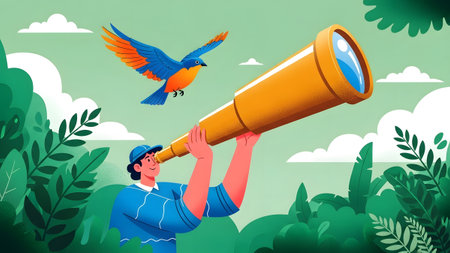 A person holds a telescope to look at a colorful bird flying in a green landscape. Clear details ...の写真素材