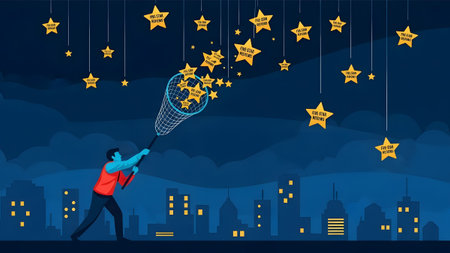 A man catches yellow stars in a net against a dark city skyline. Clear details and vi...
