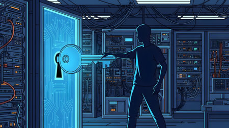 Silhouette of a person inserting a key into a glowing digital lock in a server room.