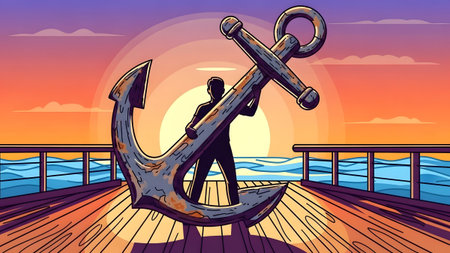 Silhouette of a person holding a large anchor on a wooden pier during a colorful sunset.