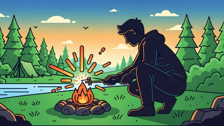 A person roasts a marshmallow over a campfire next to a river in a green forest. Clear details an...