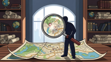 Silhouette figure uses magnifying glass to examine a large map in a library setting.