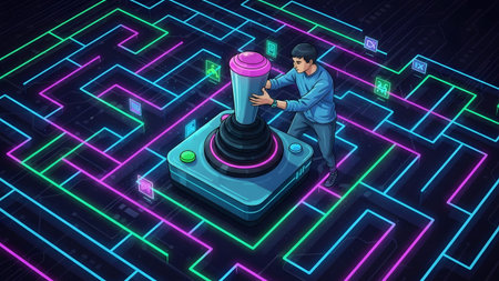 A person manipulates a joystick within a digital maze of neon lines. Clear details and vibrant co...