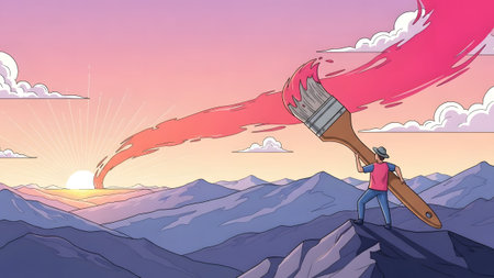 An artist paints a vibrant pink sunrise over a mountain range with a large brush. Clear details a...