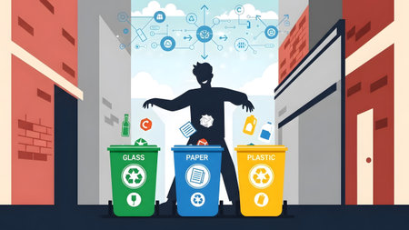 Silhouette of a person sorting waste into glass paper and plastic recycling bins on a street.
