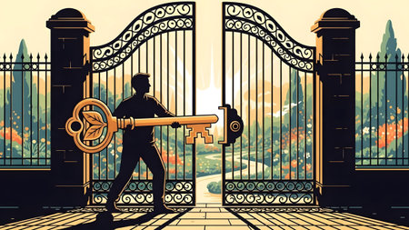Silhouette of man holding large golden key at an ornate gate with a garden view Clear details and...