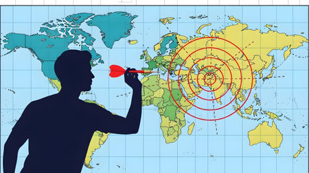 Silhouette of man throwing dart at world map with concentric circles indicating target.