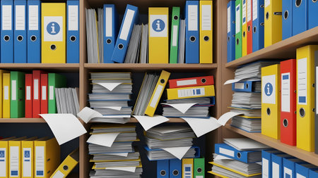 Wooden shelves are packed with colorful binders and messy stacks of papers and files.