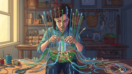 A woman weaves a basket, integrating colorful fiber optic cables into the design. Clear details a...