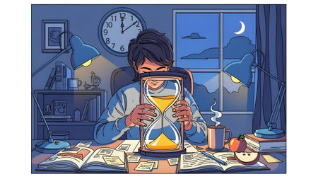 Student studying late at night with hourglass, books, coffee and apple Clear details and vibrant ...