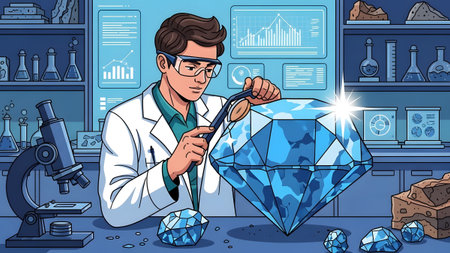 A scientist inspects a large diamond with tools in a blue-toned laboratory with equipment.
