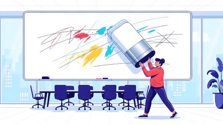 Woman erases colorful scribbles from a whiteboard in a modern office meeting room. Clear details ...