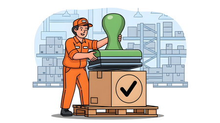 Stock showing warehouse worker approves package with large stamp and check mark. High resolution...