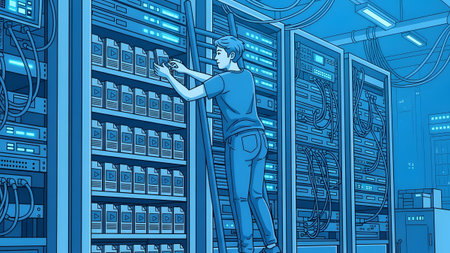 Technician on ladder working with equipment in a blue illuminated server room with rows of racks.