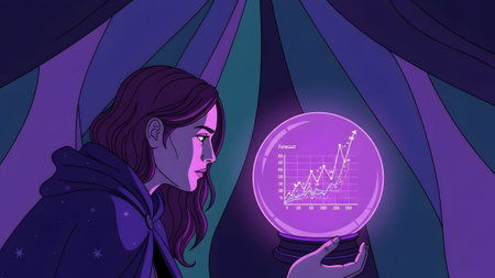 A woman in a cloak observes a crystal ball showing a financial forecast graph. Clear details and ...
