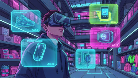 Man wearing VR headset in a futuristic store with AR displays showing products. Clear details and...